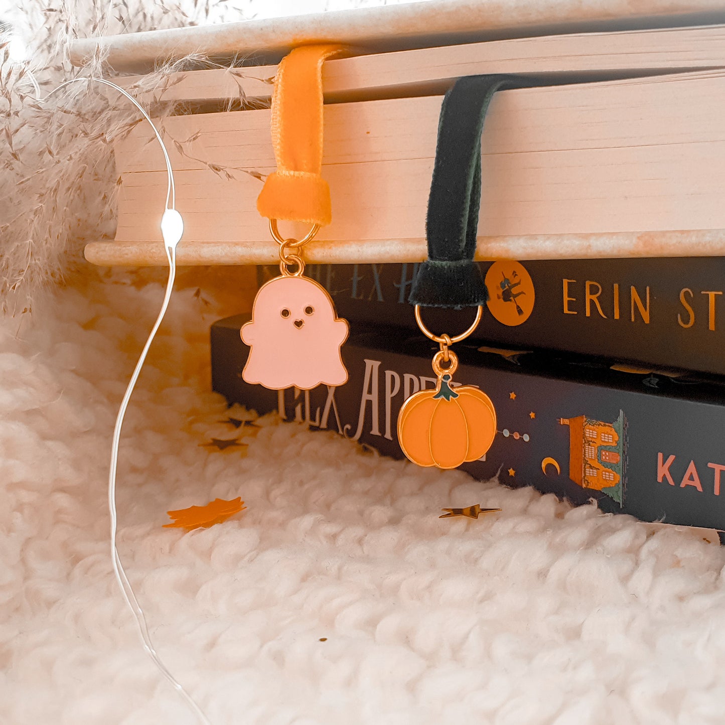 Cute Ghost Charm Bookmark | Charm and Ribbon Bookmark | Small Bookmark | Velvet Ribbon | Pink Ghost | Autumn Bookmark | Halloween Bookmark