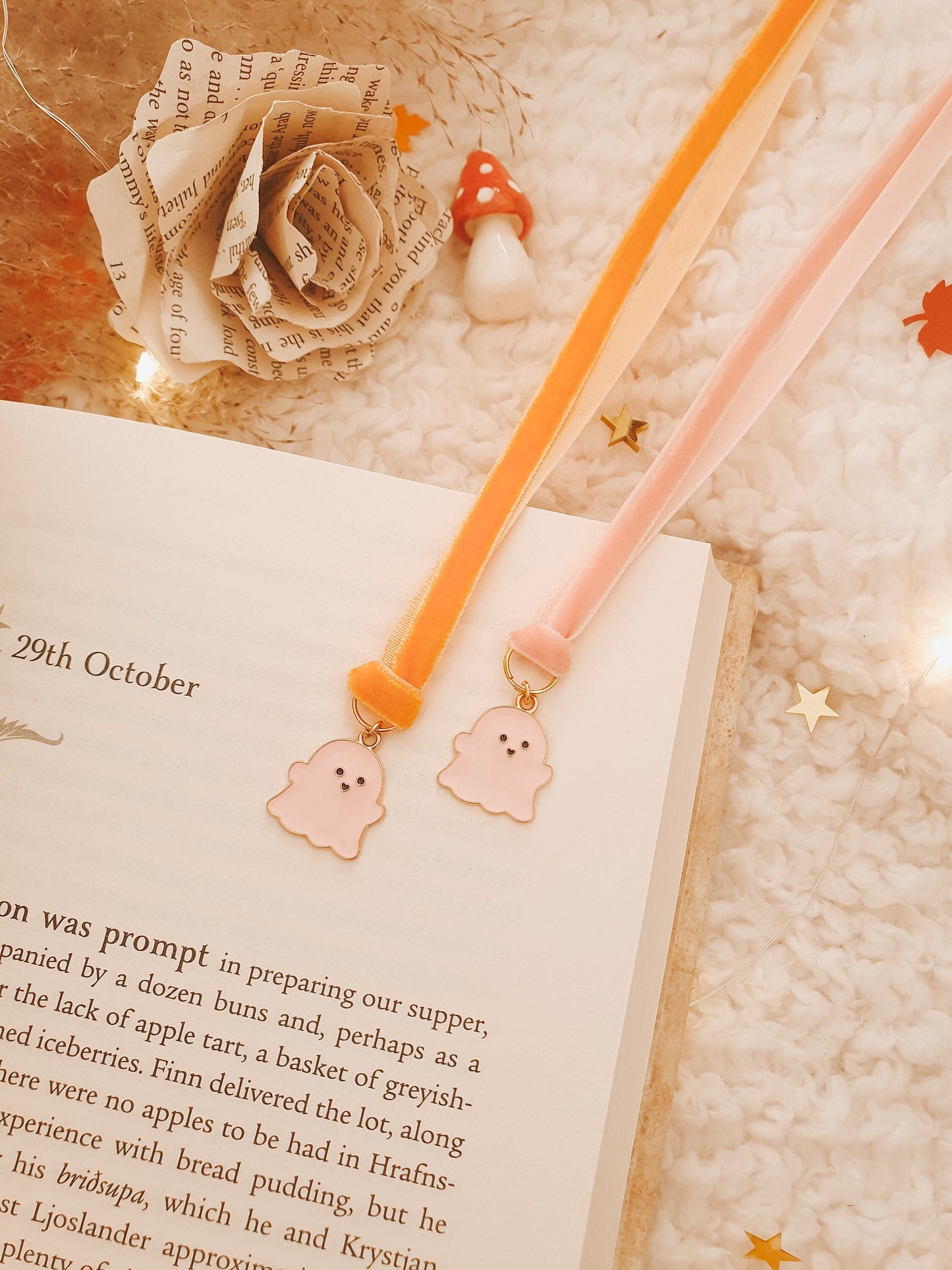 Cute Ghost Charm Bookmark | Charm and Ribbon Bookmark | Small Bookmark | Velvet Ribbon | Pink Ghost | Autumn Bookmark | Halloween Bookmark
