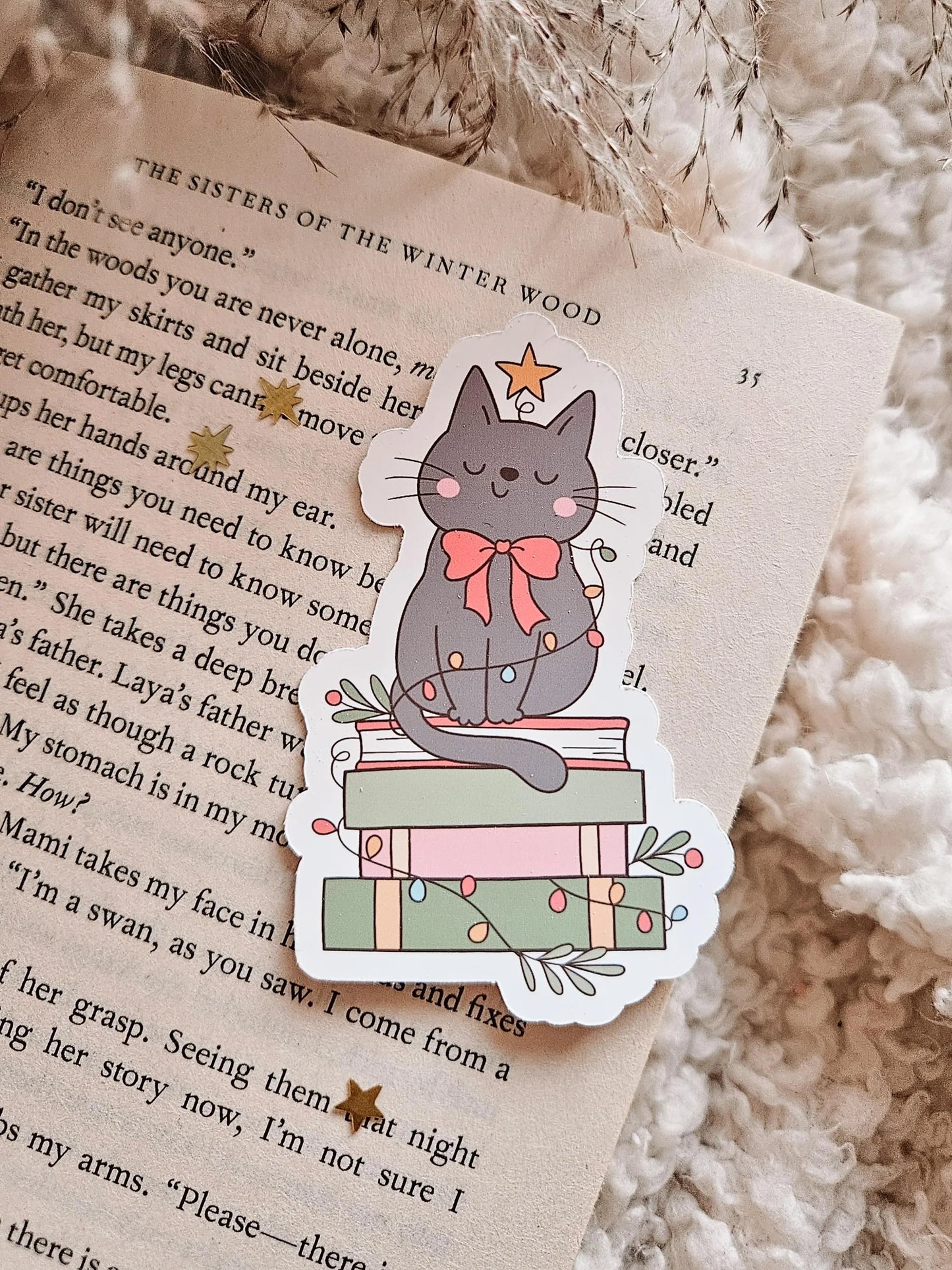 Festive Bookish Cat Matte Sticker | Christmas Bookish Sticker