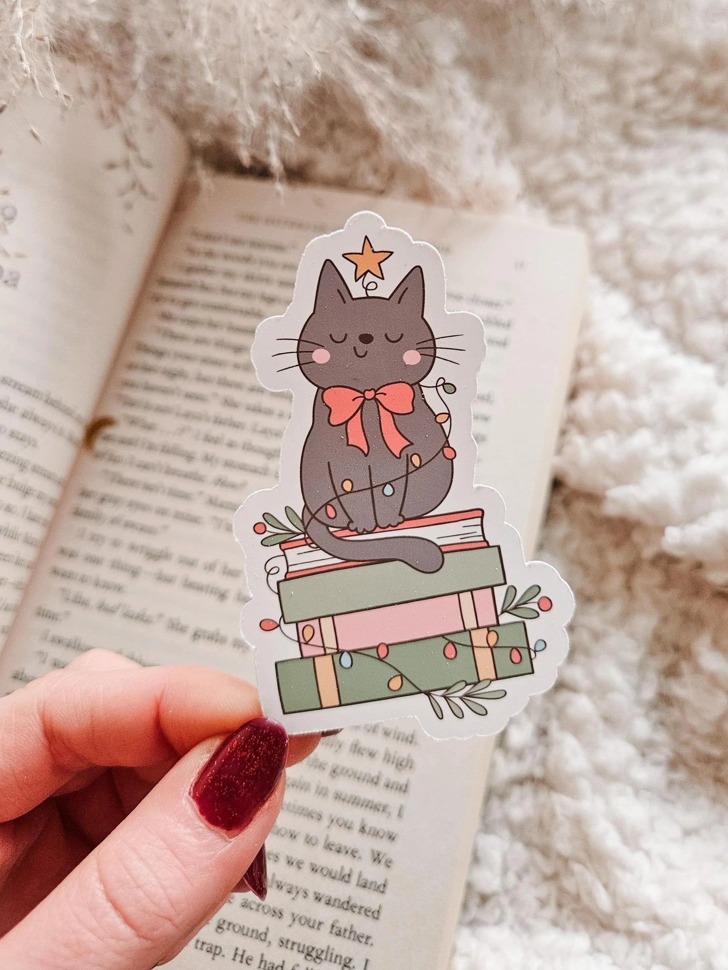 Festive Bookish Cat Matte Sticker | Christmas Bookish Sticker