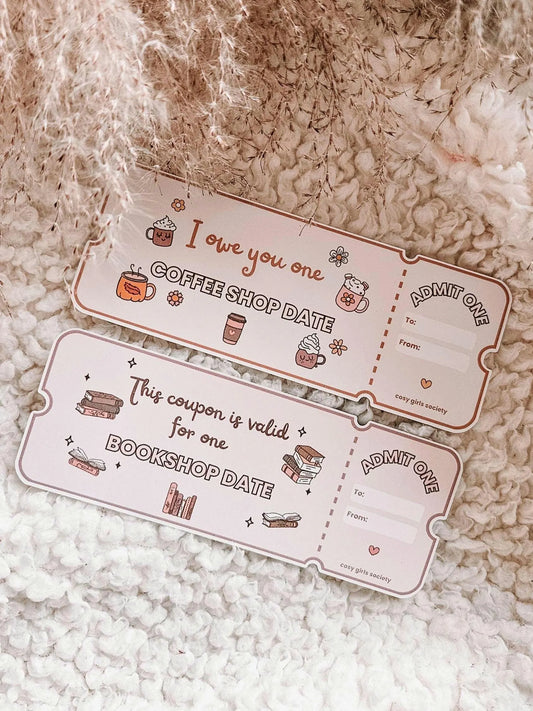 Bookshop and Coffee Shop Date Ticket | Gift Ticket | Bookish Gift | I Owe You